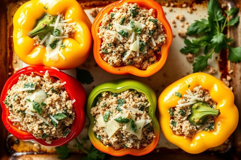 Colorful bell peppers stuffed with turkey and spinach mixture topped with melted cheese