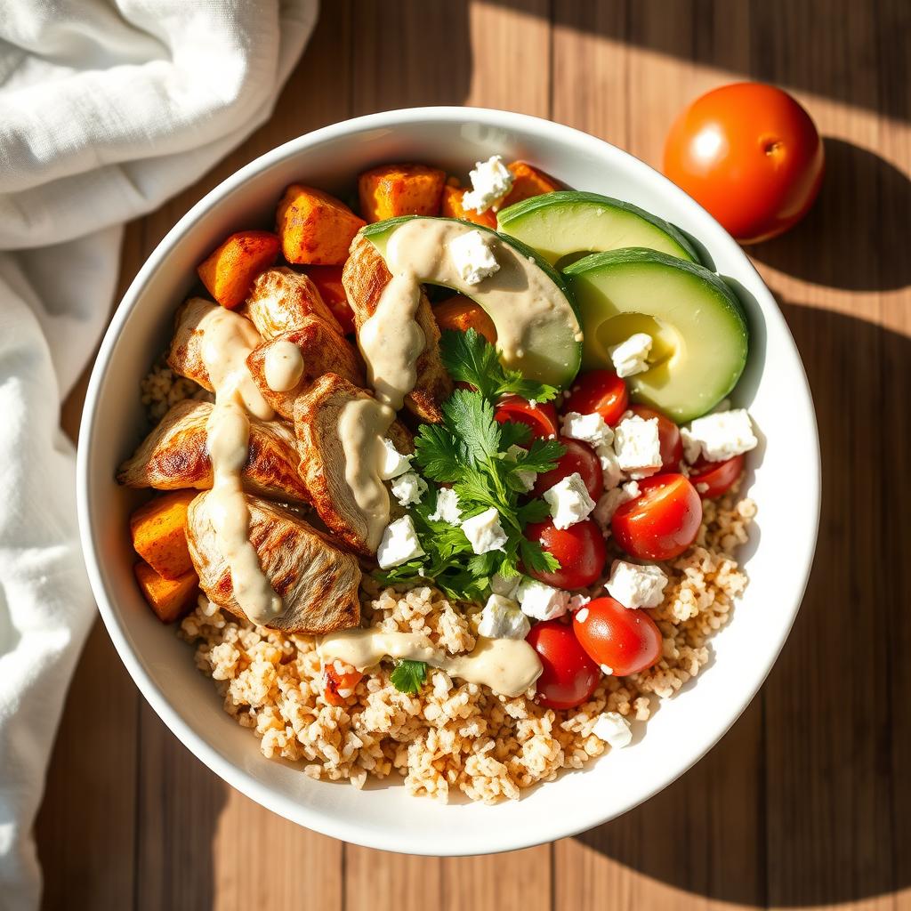 Colorful chicken and quinoa power bowl with vegetables and avocado