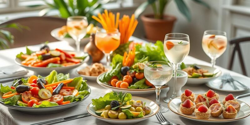 Colorful healthy entertaining spread with vegetable platters, lean proteins, and fruit-infused drinks for healthy entertaining