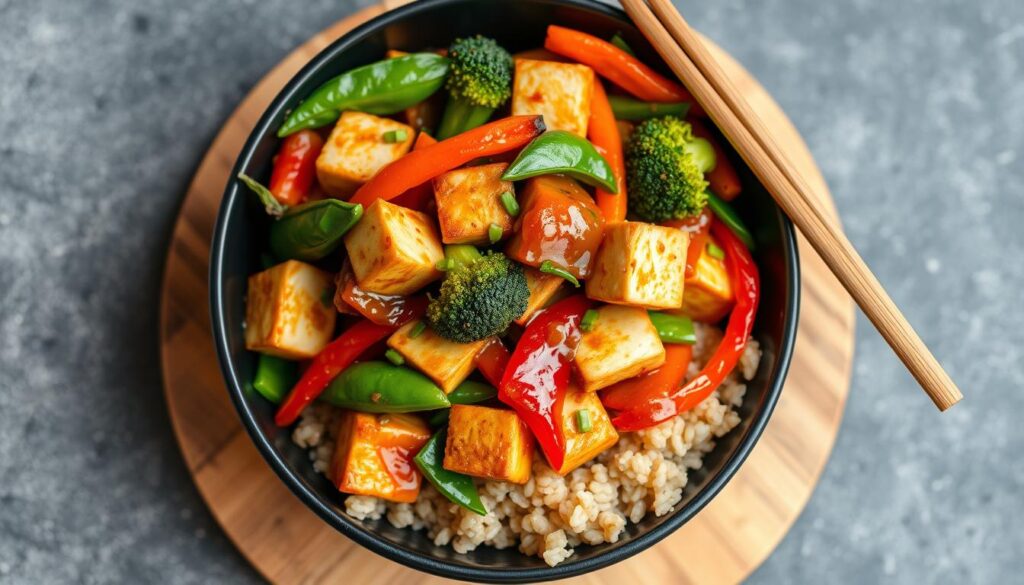 Colorful tofu stir-fry with vegetables and peanut sauce served over rice