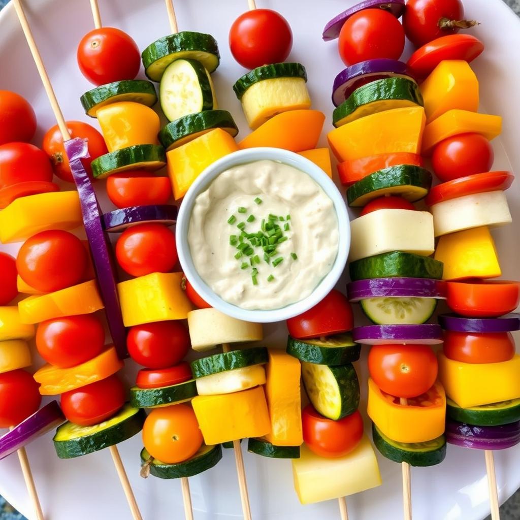 Colorful vegetable skewers with dipping sauce for healthy entertaining