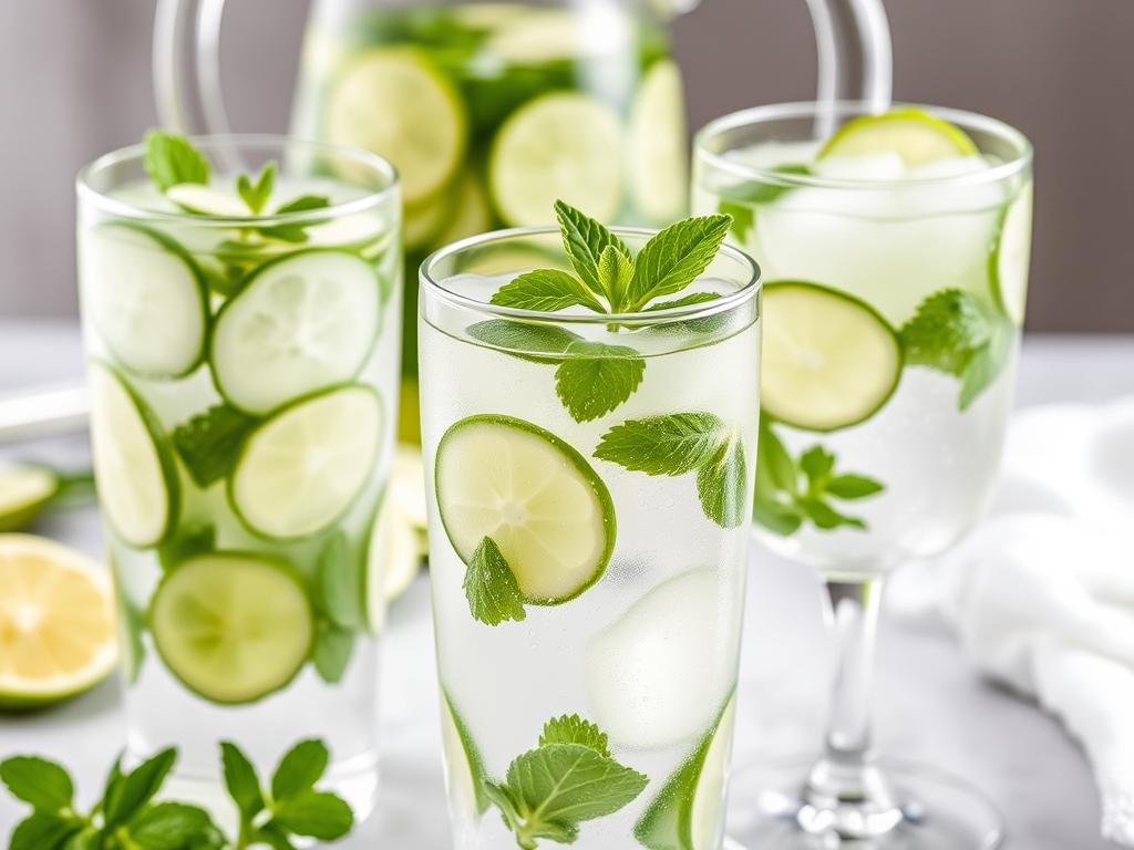Cucumber mint sparkling water with lime in glasses for healthy entertaining
