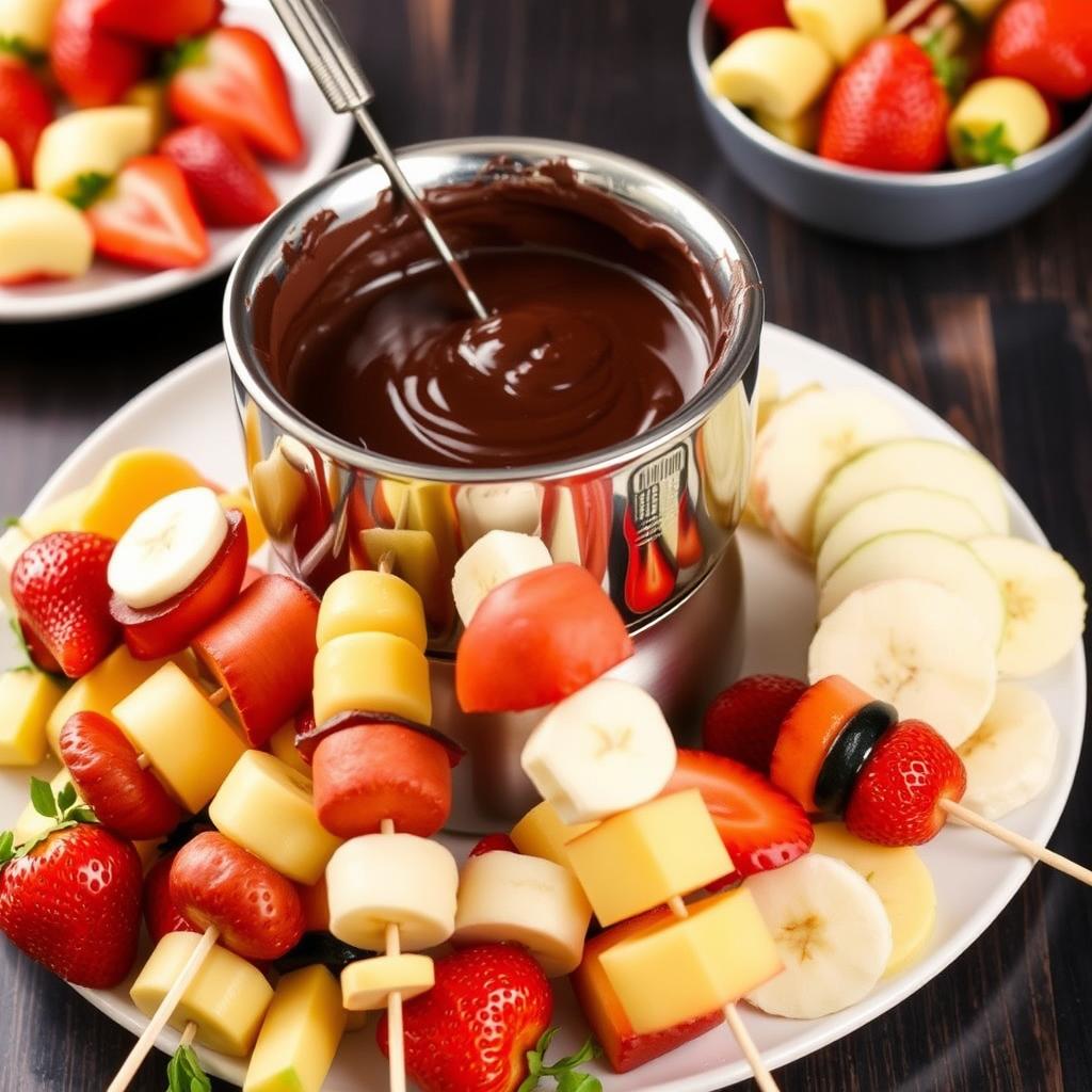 Dark chocolate fondue with fresh fruit for healthy entertaining dessert
