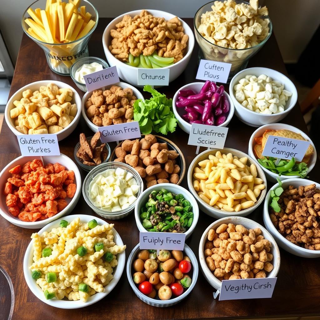 Diverse food spread labeled for different dietary needs at a healthy entertaining gathering