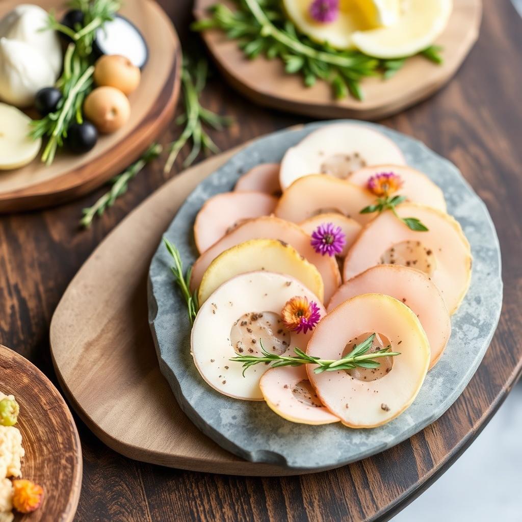 Food display with natural elements like wooden boards and edible flowers for healthy entertaining