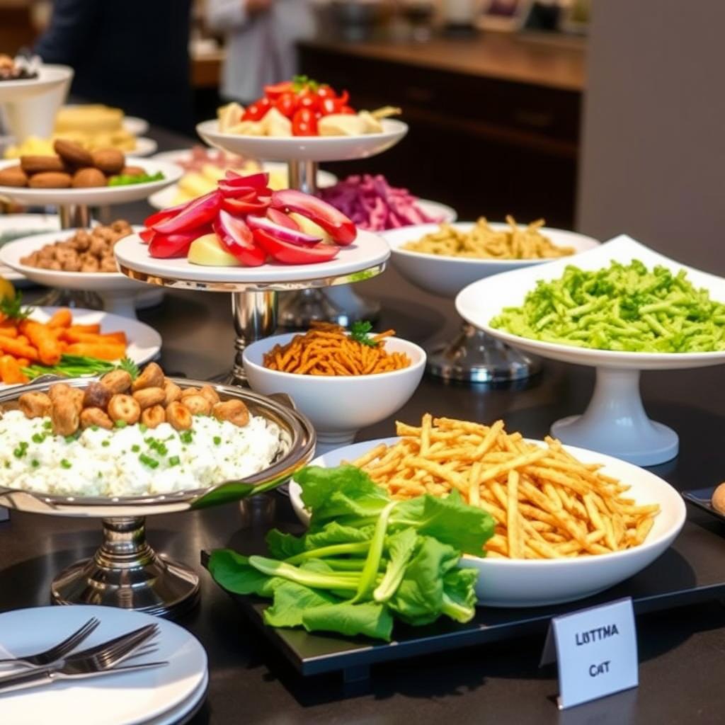 Food display with varying heights and levels for visual interest in healthy entertaining