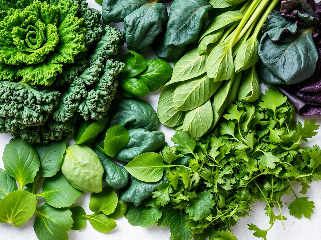Fresh dark leafy greens including kale, spinach and Swiss chard, packed with antioxidants for younger-looking skin