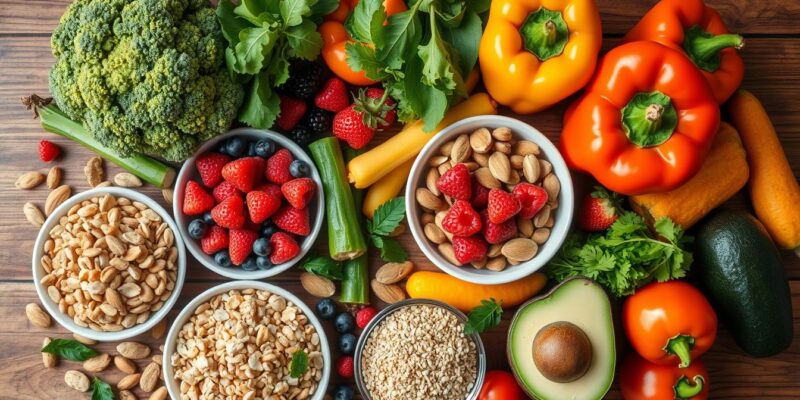 Fresh vegetables, fruits, nuts, and whole grains arranged on a wooden table representing 30 days of clean eating