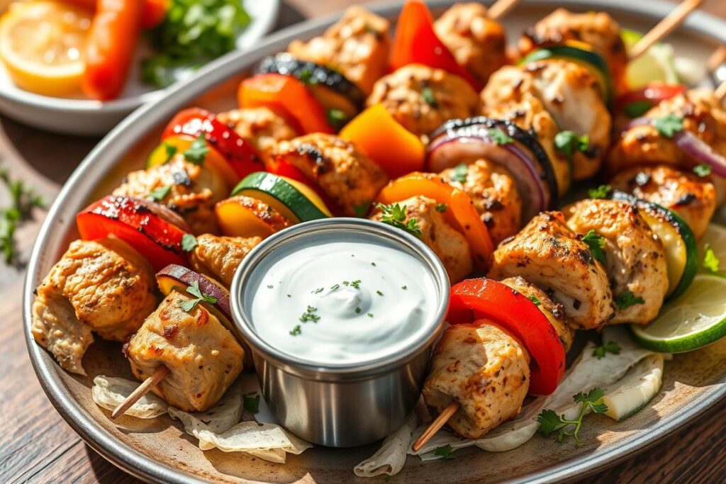 Greek Chicken Kebabs with Tzatziki Sauce and grilled vegetables
