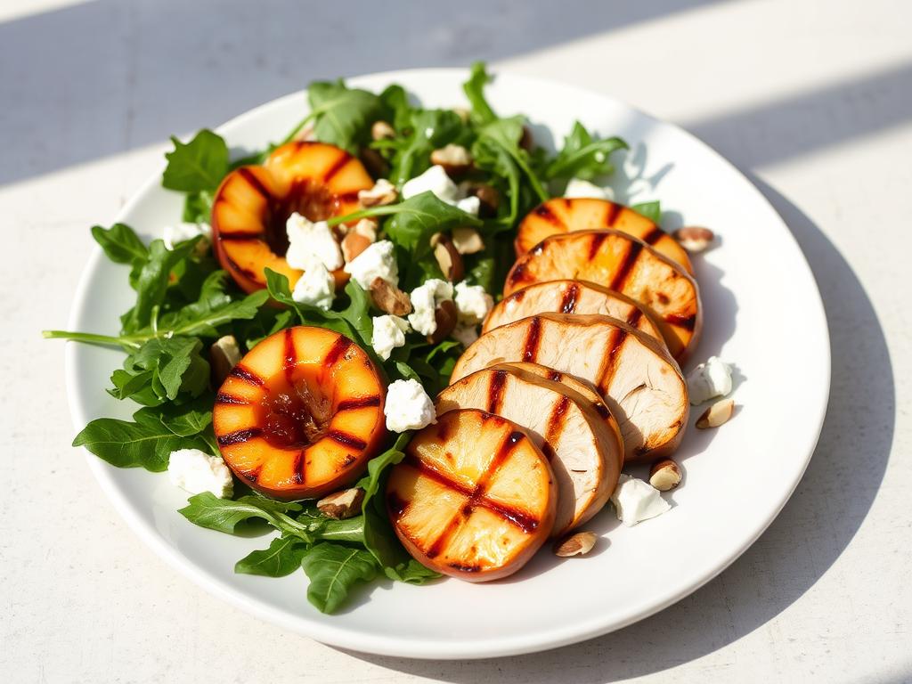 Grilled Peach and Chicken Salad with arugula and goat cheese