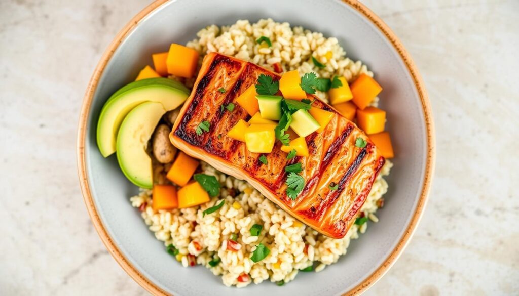Grilled Salmon Quinoa Bowl with mango salsa and avocado