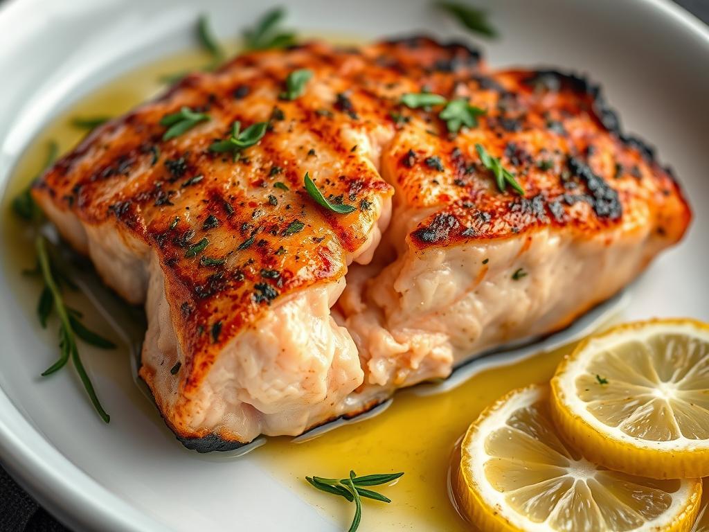 Grilled salmon fillet with lemon and herbs, rich in omega-3 fatty acids for younger-looking skin