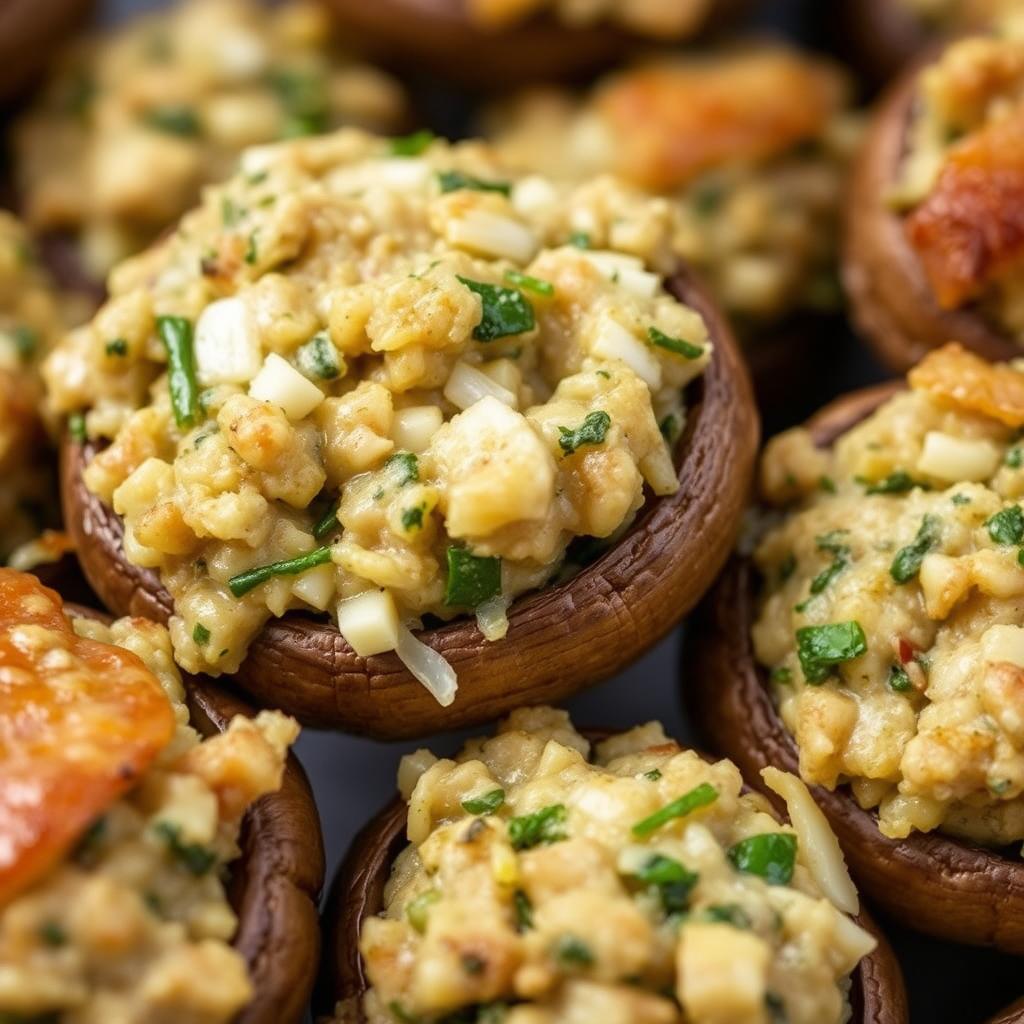 Healthy stuffed mushroom caps with herbs for healthy entertaining appetizers