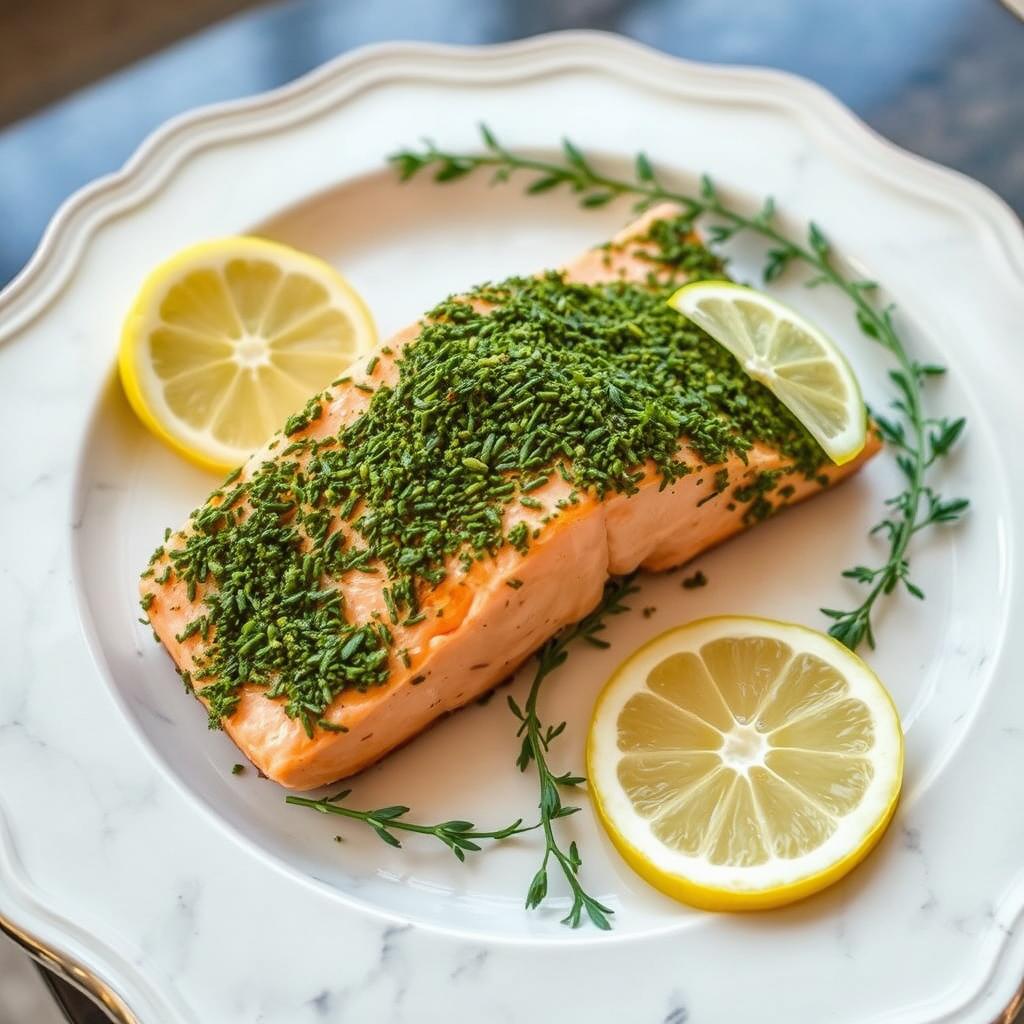Herb-crusted salmon fillet on a serving platter for healthy entertaining