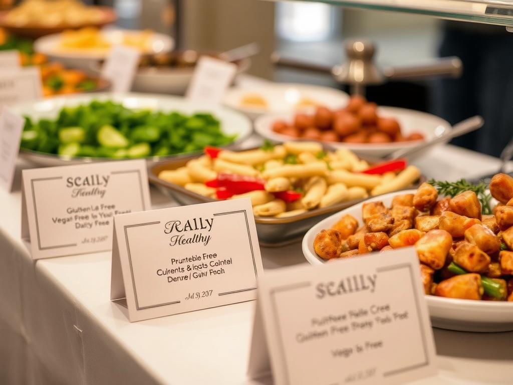 Labeled food cards identifying dietary information at a healthy entertaining buffet