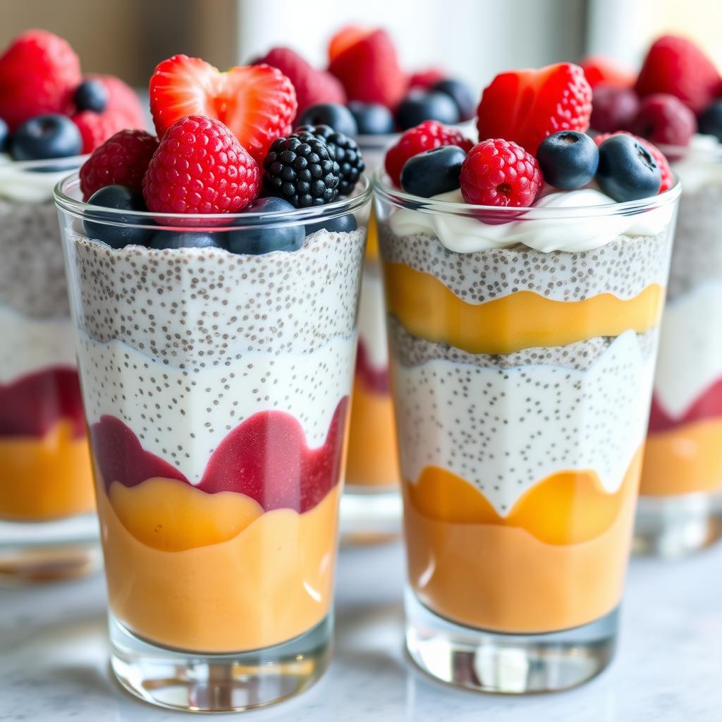 Layered chia pudding parfaits with fruit for healthy entertaining dessert