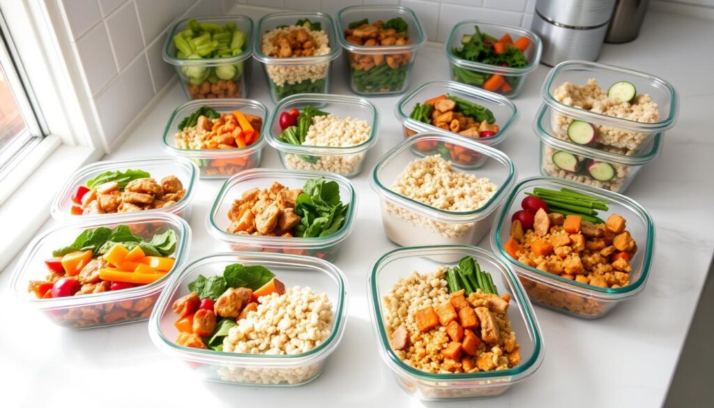 Meal prep containers filled with clean eating meals for a 30 days of clean eating plan