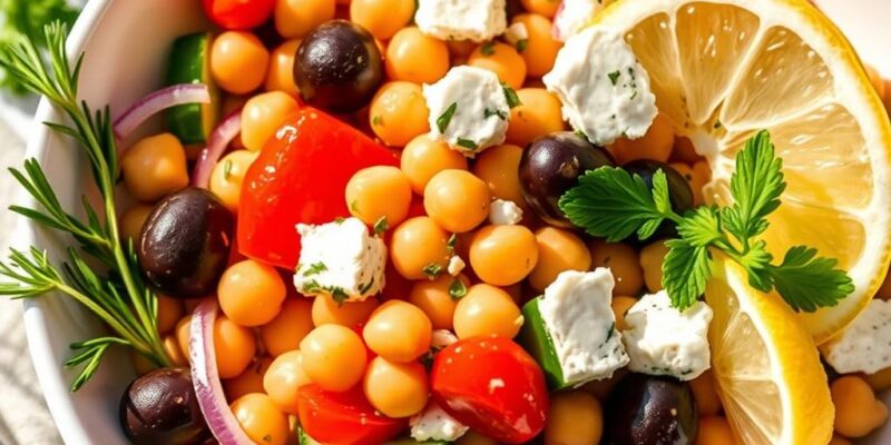 Mediterranean Chickpea Salad with colorful vegetables and feta cheese in a white bowl