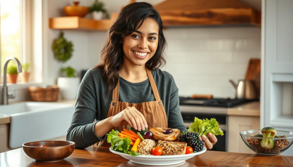Person celebrating success in overcoming unhealthy eating patterns