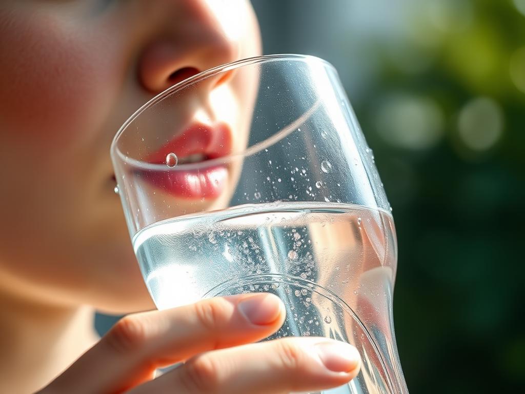 Person drinking water from a glass, demonstrating proper hydration for skin health