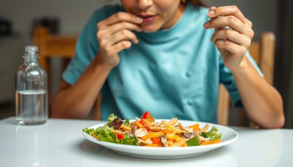 Person eating mindfully, focusing on food without distractions