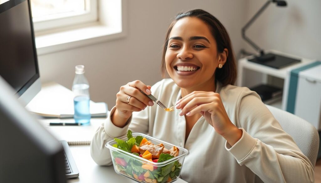 Person enjoying a prepped meal from container at desk