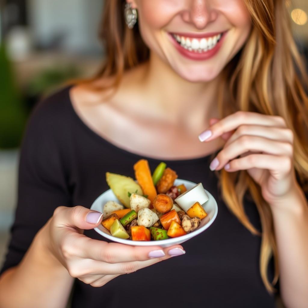 Person enjoying healthy party food with a satisfied expression for guilt-free healthy entertaining