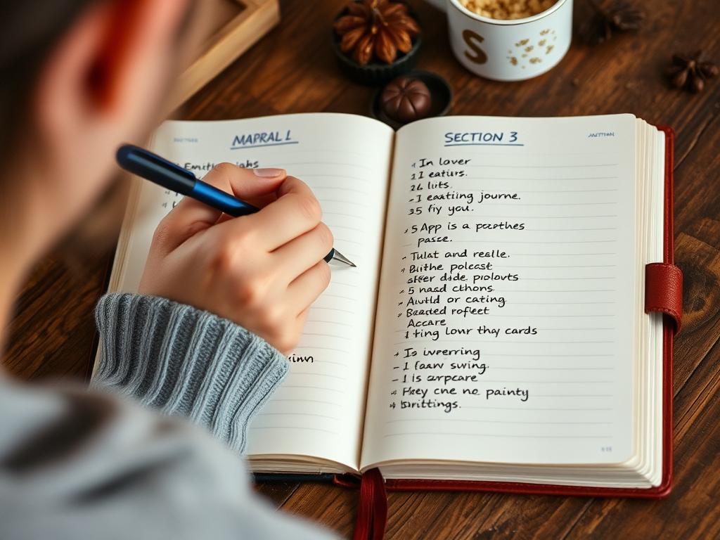 Person journaling about emotional eating triggers and alternative coping strategies