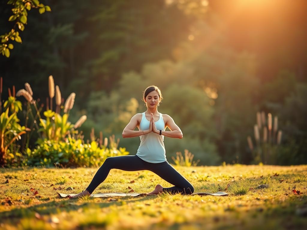 Person practicing yoga outdoors, demonstrating stress management for skin health