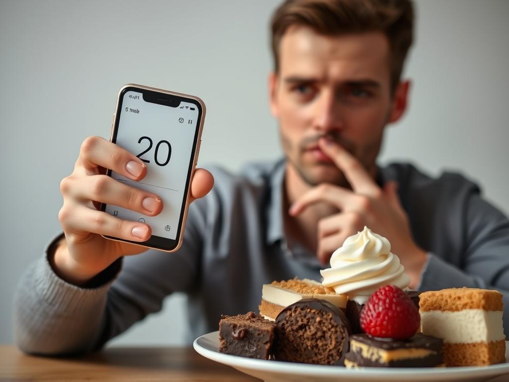 Person using timer app while looking at food, demonstrating the 20-minute rule for managing unhealthy eating patterns