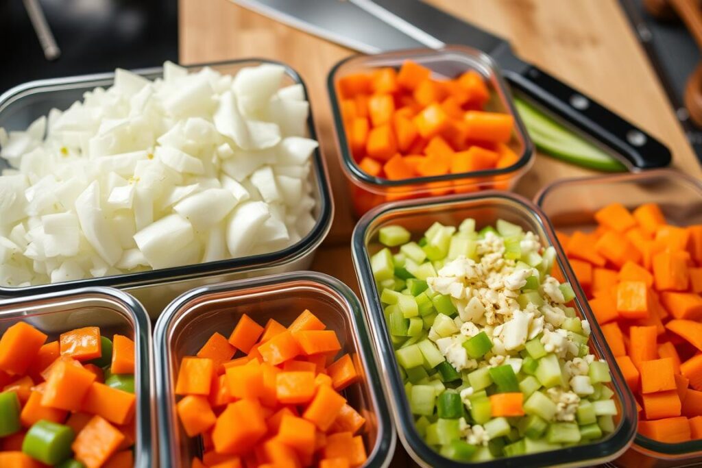 Prepped and chopped vegetables in containers ready for cooking