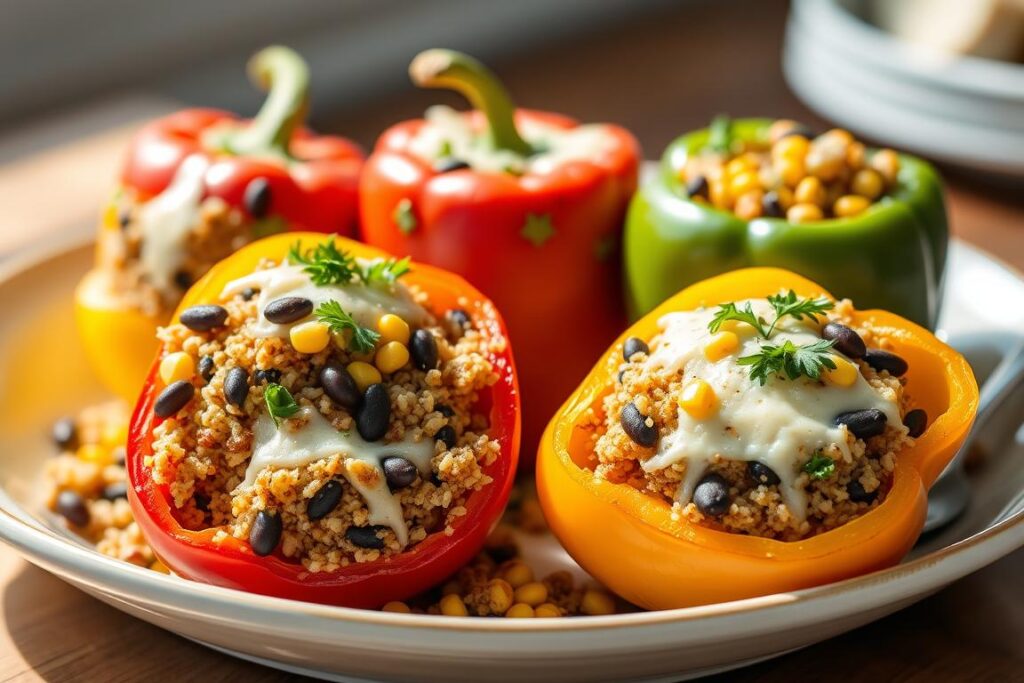 Quinoa Stuffed Bell Peppers with colorful peppers and herbs