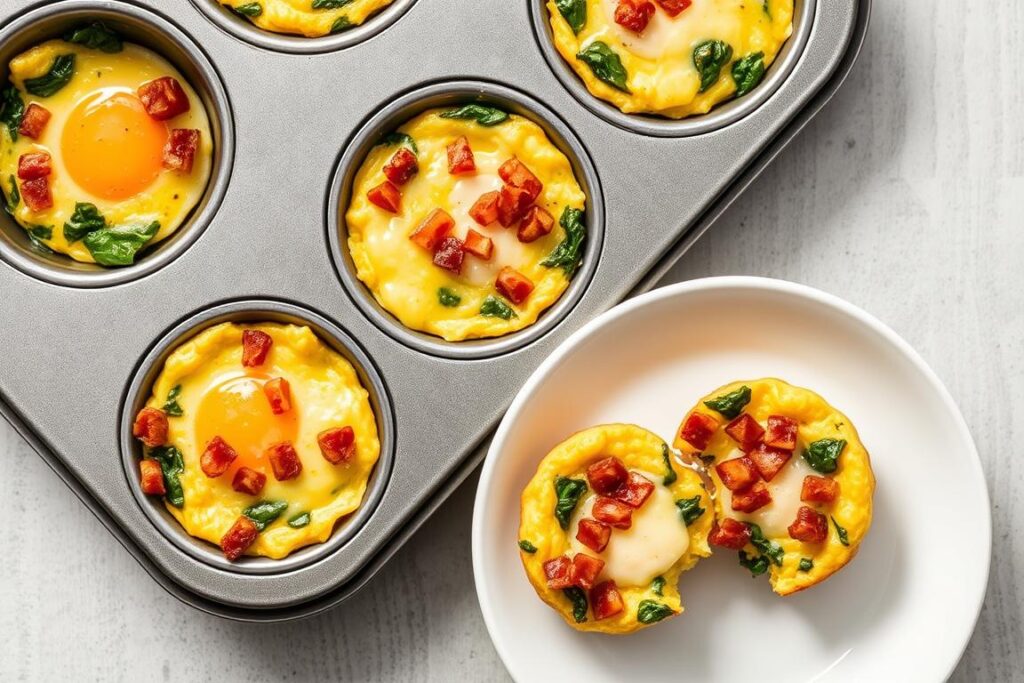 Savory egg muffins with vegetables and cheese in a muffin tin