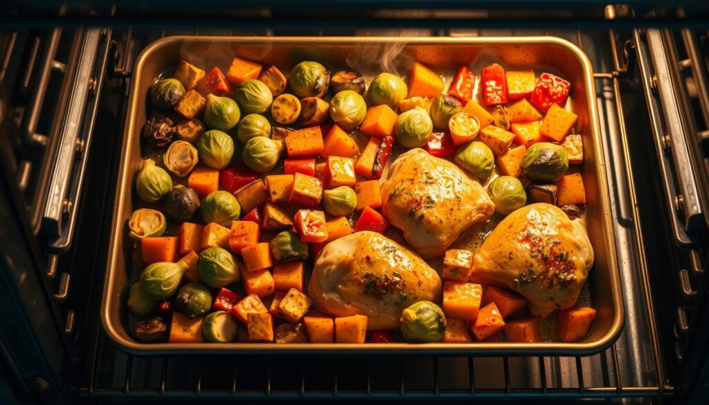 Sheet pan with various vegetables and protein being roasted