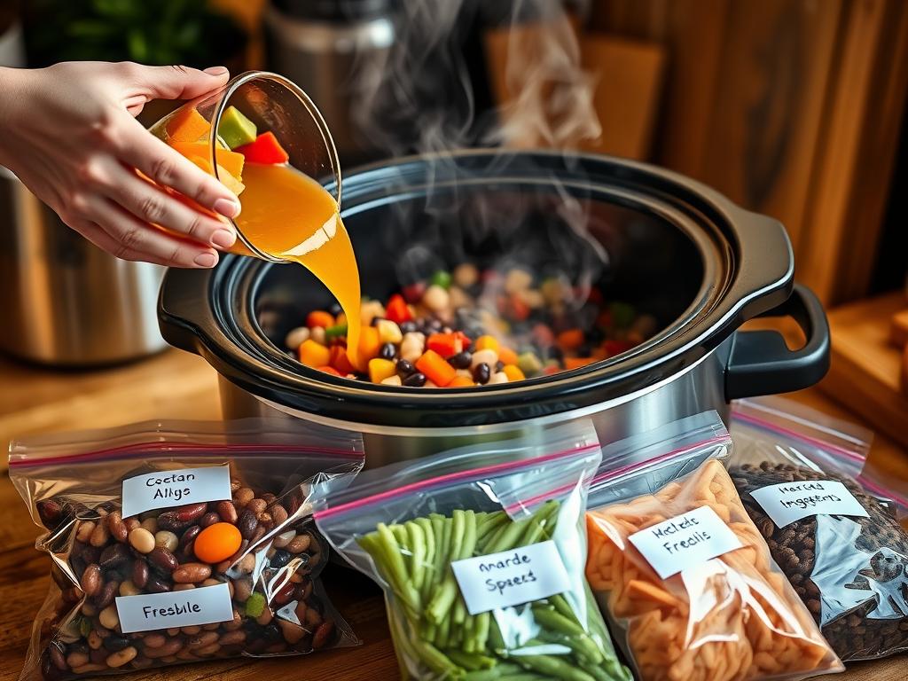 Slow cooker with meal prep ingredients being added