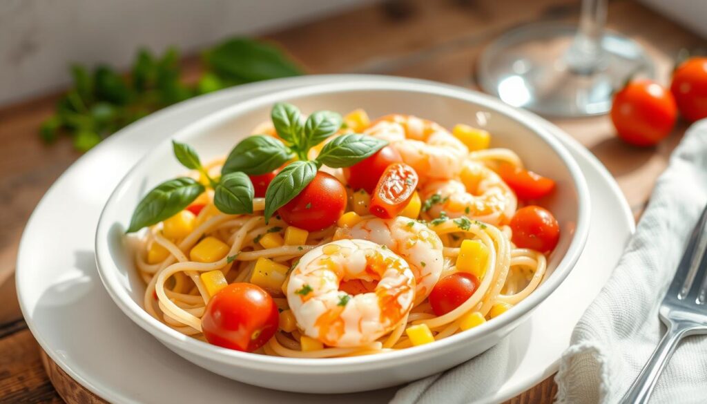 Summer Corn and Shrimp Pasta with cherry tomatoes and basil