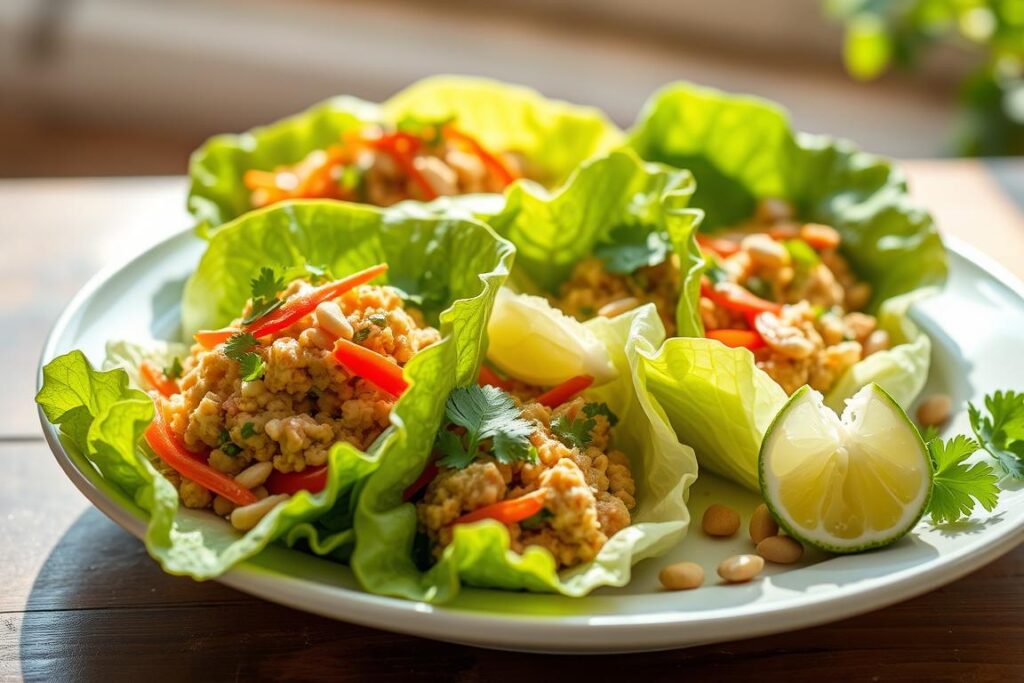 Thai-Inspired Lettuce Wraps with ground turkey and vegetables