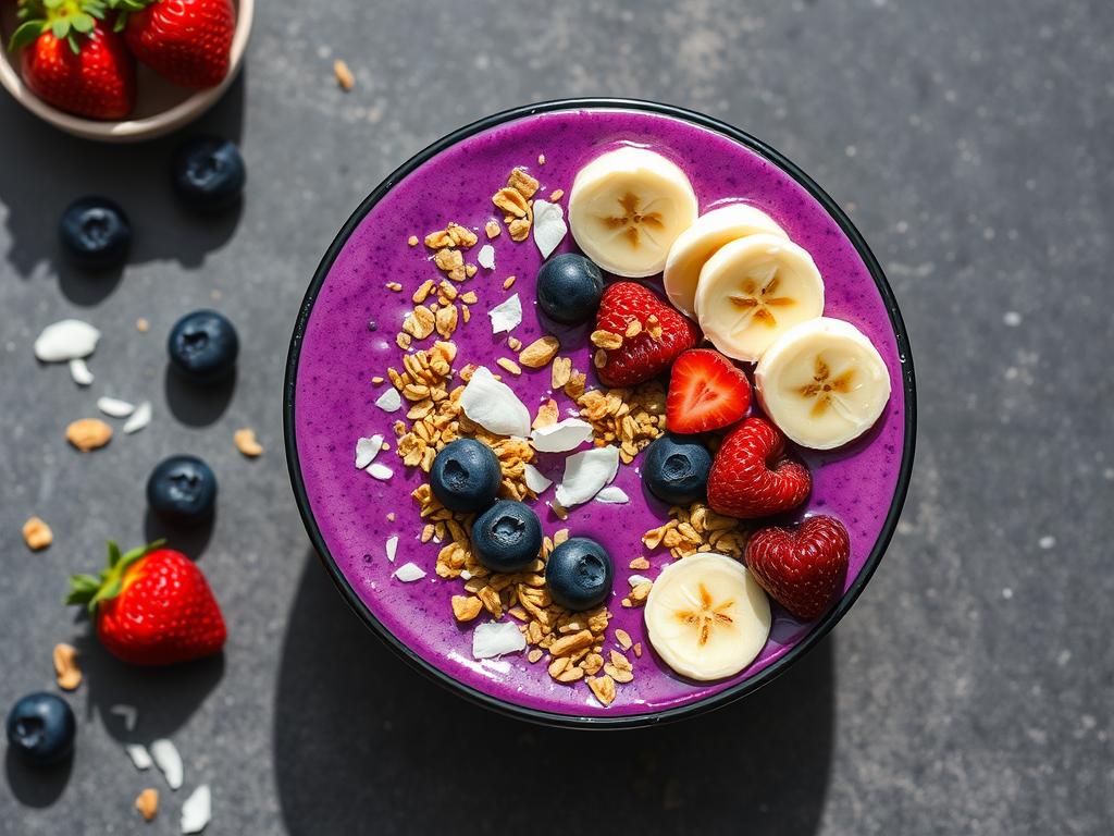 Thick purple smoothie bowl topped with granola, fruits, and chia seeds