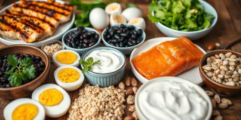 Various high protein foods including chicken, eggs, beans, and nuts arranged on a wooden table