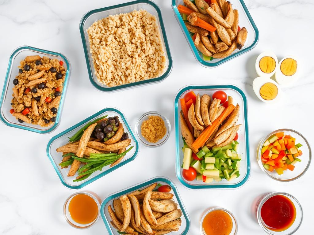 Various prepped meal components in containers ready to mix and match