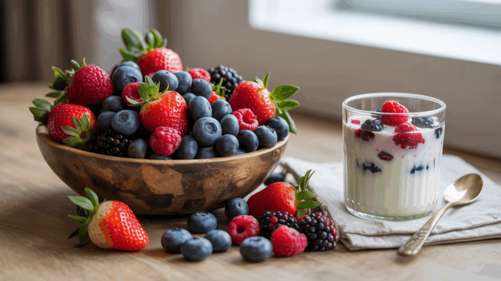 a bowl of berries and a smoothie jar