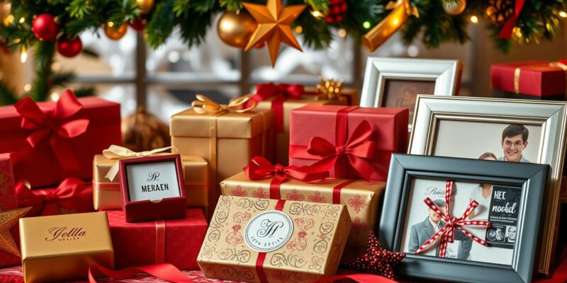 Collection of personalized holiday gifts wrapped beautifully