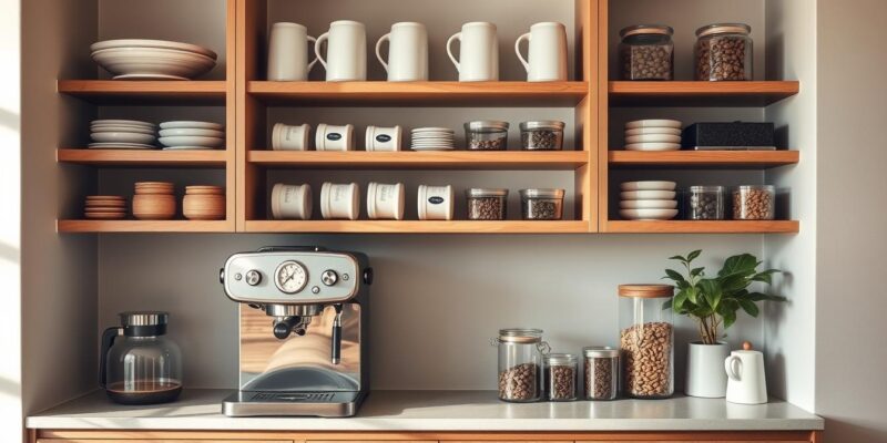 Elegant coffee station at home with espresso machine, organized mugs, and decorative elements