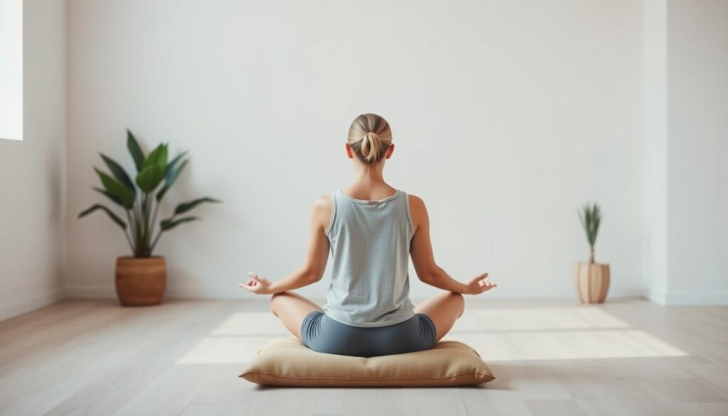 Person practicing mindful meditation in a peaceful setting