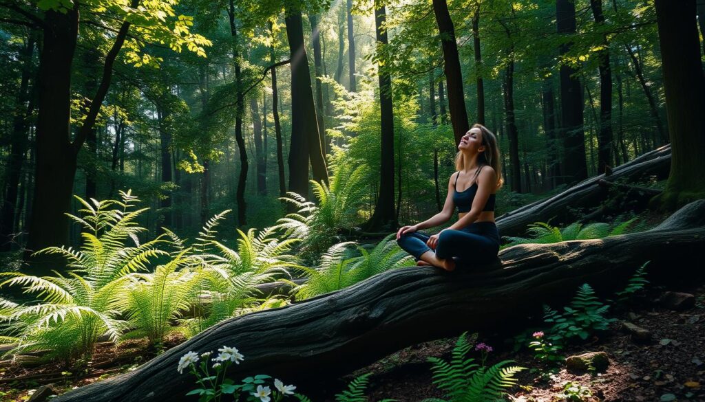 Person relaxing in a natural forest setting