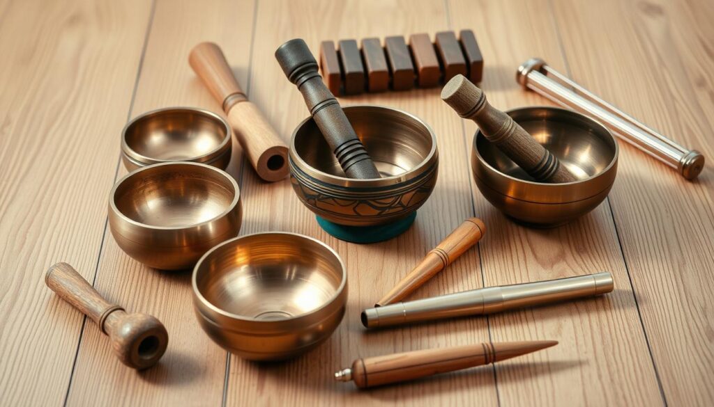 Sound therapy instruments including singing bowls and chimes