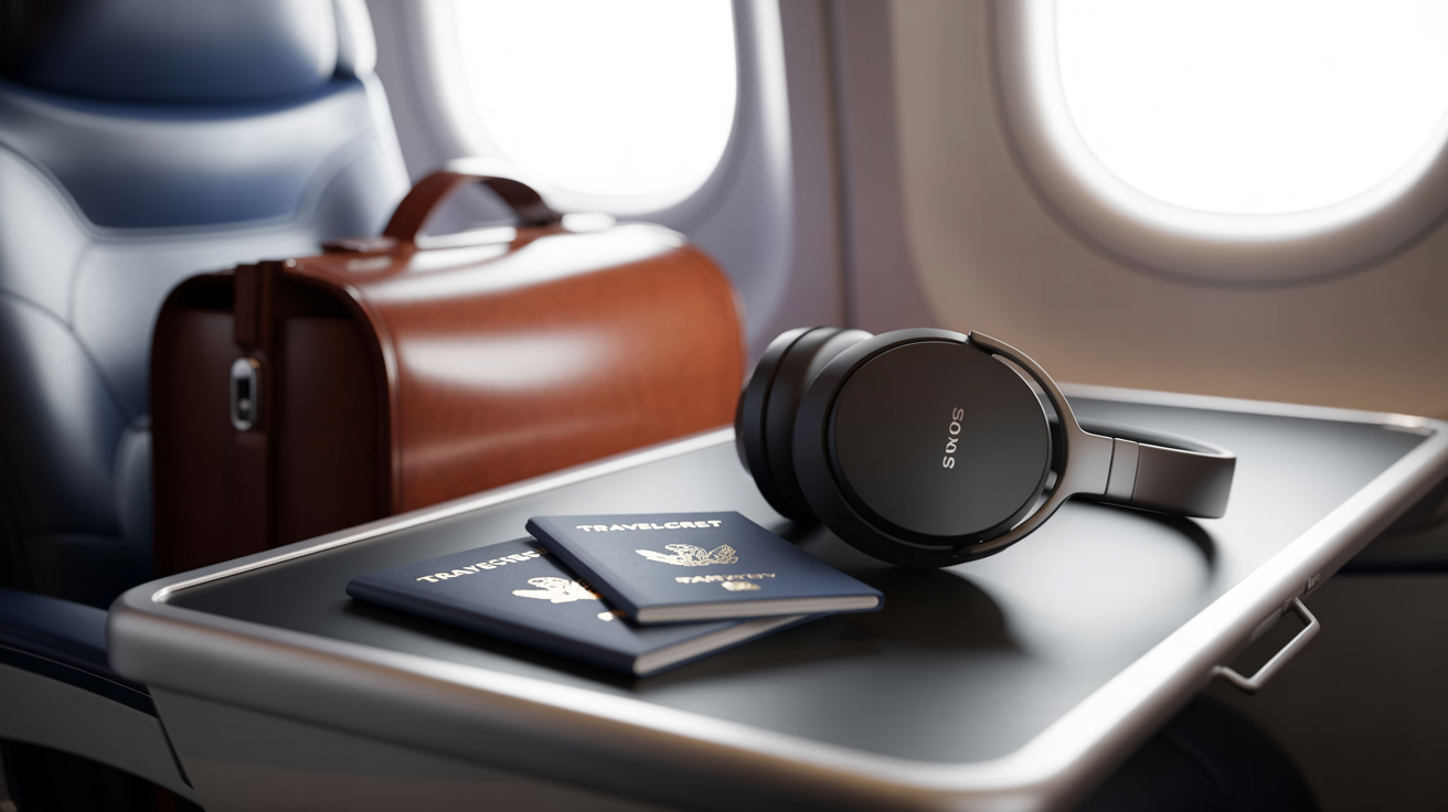 Travel gadget headphone on a airplane table