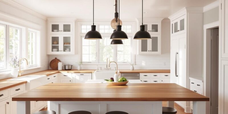 Bright farmhouse kitchen with pendant lights over island and natural light streaming through windows