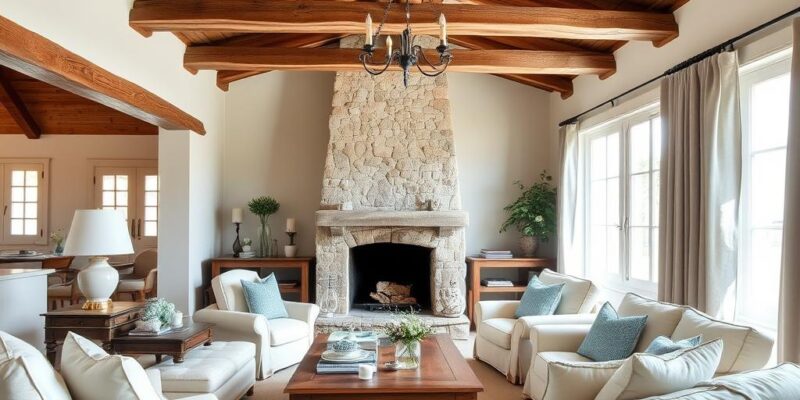Cozy French cottage living room with natural wood beams, stone fireplace, and linen upholstery