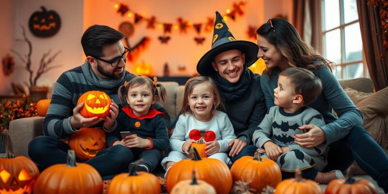 Family enjoying Halloween activities together with carved pumpkins and costumes